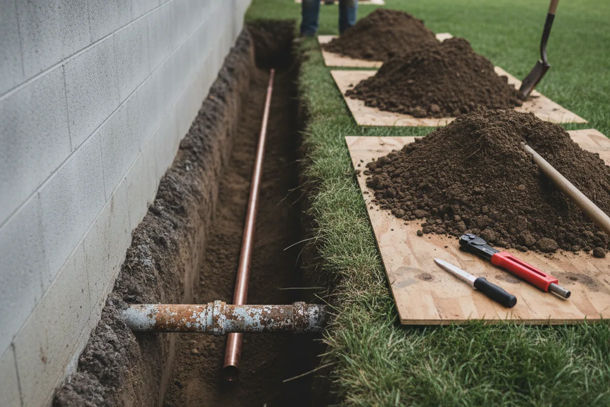 Excavated water line trench during Water Softener Installation in Onset